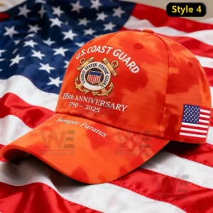 A commemorative orange cap for the U.S. Coast Guard's 235th anniversary, featuring the emblem, 