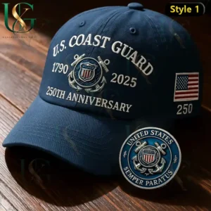 Commemorative U.S. Coast Guard 250th anniversary cap and coin set with the U.S. Coast Guard emblem and anniversary details!