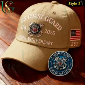 US Coast Guard 250th Anniversary Cap & Coin Set 4 Commemorative khaki U.S. Coast Guard cap and coin set for the 250th anniversary with official logo and motto!
