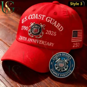 US Coast Guard 250th Anniversary Cap & Coin Set 5 Red U.S. Coast Guard 250th anniversary cap and coin set with emblem and anniversary details!