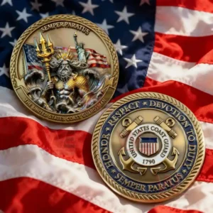 Two coast guard themed coins placed on an American flag with detailed designs and symbols.