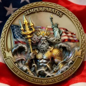 A detailed coin depicting a sea guardian with the statue of liberty and the American flag.