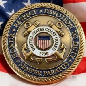A coast guard emblem coin with anchors shield and service mottos engraved around it.