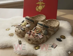U.S. Marine Corps-themed Crocs decorated with military and patriotic charms.