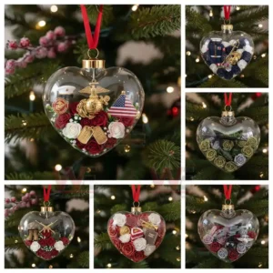 Alt text: U.S. Marine Corps-themed heart-shaped ornaments filled with medals, flags, and roses.