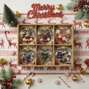 Alt text: Close-up of U.S. Marine Corps heart-shaped ornaments with medals and flags.