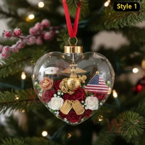 Alt text: U.S. Marine Corps heart-shaped ornament with the emblem, medals, and roses.