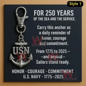 Silver USN anchor keychain on dark commemorative card.