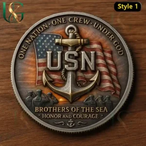 U.S. Navy commemorative coin with anchor, flag, and motto 