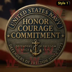 United States Navy coin with anchor emblem bronze finish and engraved core values of honor courage commitment.