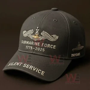 A dark commemorative submarine force cap with embroidered insignia and anniversary text.