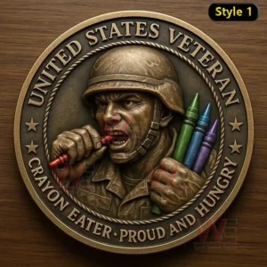 U.S. Veteran Crayon Eater commemorative coin depicting a soldier with crayons.