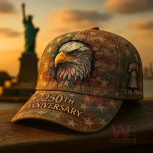 A cap commemorating the 250th anniversary of the United States, with a bald eagle, "250TH ANNIVERSARY," "1776-2026," and a Liberty Bell on the side.