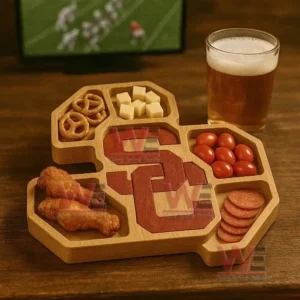 A team themed wooden snack tray filled with assorted foods sits on a wooden table next to a glass of beer with a sports screen in the background!