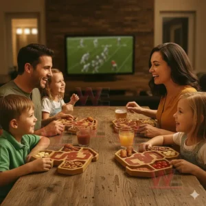 USC Trojans Heritage Platter Board 3 A family enjoys assorted snacks on team themed trays while watching a sports game on a screen!