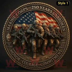 Marine Corps 250th anniversary coin with soldiers in action American flag and engraved service values.