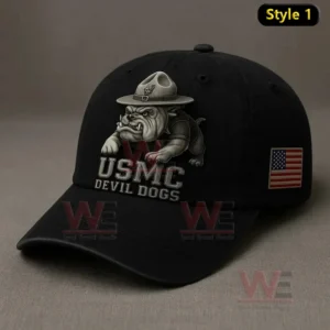 Black cap with a bulldog graphic and USMC Devil Dogs text along with a side American flag patch!