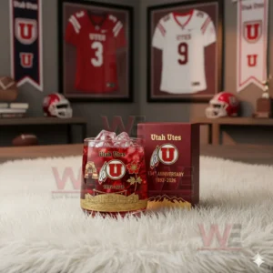 Utah Utes anniversary glass with red drink and ice displayed in a football themed room setting!