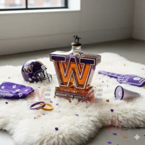 A W shaped Huskies bottle sits on a white rug with a helmet confetti and fan accessories nearby!