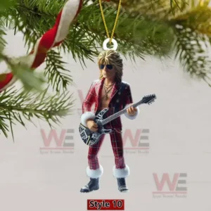Red plaid rock musician ornament with electric guitar and holiday themed outfit!