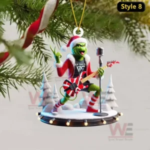 Van Halen Christmas Ornament 8 Green rock performer ornament in Santa outfit with guitar and microphone on a snowy stage!