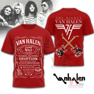 Red tshirt with a vintage label style Van Halen print on the front and crossed patterned guitars with a large emblem on the back!