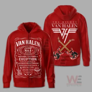 Van Halen Jump No.1 The Mighty Shirt and Hoodie 7 Red zip hoodie with vintage label style front print and crossed guitars beneath a large emblem on the back!