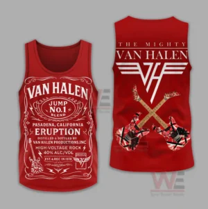 Van Halen Jump No.1 The Mighty Shirt and Hoodie 8 Red tank top with a vintage label style front print and crossed guitars with emblem on the back!