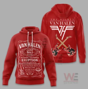 Van Halen Jump No.1 The Mighty Shirt and Hoodie 9 Red pullover hoodie with vintage label style front graphic and crossed guitars with emblem on the back!