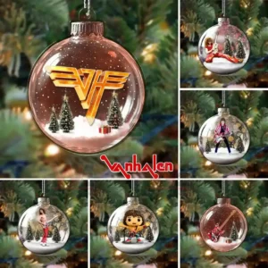 Alt text: Christmas ornament featuring the Van Halen logo with snow and trees.