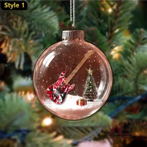 Van Halen Rock Band Christmas Ornament 8 Alt text: Christmas ornament featuring a red and white guitar in a snowy scene.