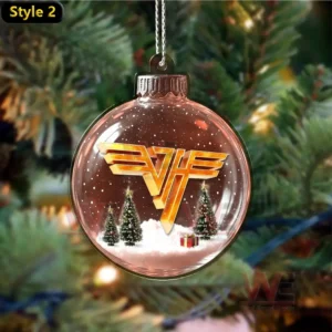 Van Halen Rock Band Christmas Ornament 9 Alt text: Christmas ornament with the Van Halen logo and a snowy scene.