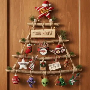 Van Halen Rustic Wall Christmas Tree 4 Alt text: Close-up of a Van Halen-themed rustic Christmas tree with musical and holiday decorations, glowing lights.