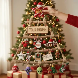 Van Halen Rustic Wall Christmas Tree 5 Alt text: Van Halen-themed rustic Christmas tree in front of a larger decorated Christmas tree, with musical and holiday ornaments.