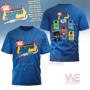 A blue Vans Warped Tour 2026 concert shirt with front logo and back tour dates!