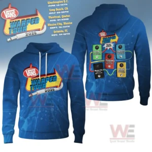 A blue Vans Warped Tour 2026 hoodie featuring a front logo and back tour schedule design!