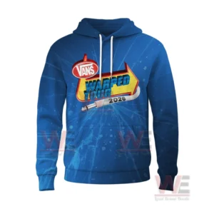 A blue Vans Warped Tour 2026 hoodie with a bold front logo design!