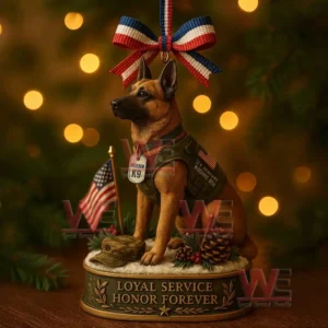 Military K9 veteran Christmas ornament with American flag and patriotic ribbon decoration.