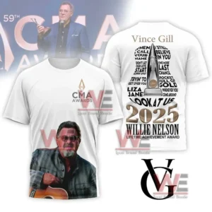 White CMA themed shirt with musician portrait on front and award graphics text on back!
