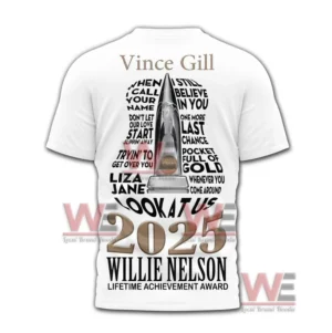 Back of white shirt with trophy graphic song titles and 2025 lifetime achievement text!