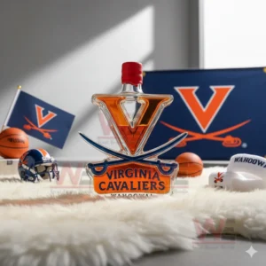 Virginia Cavaliers Limited Edition WAHOOWA Whiskey Bottle 9 A V shaped Cavaliers bottle sits on a white rug with flags a helmet and a basketball behind it!