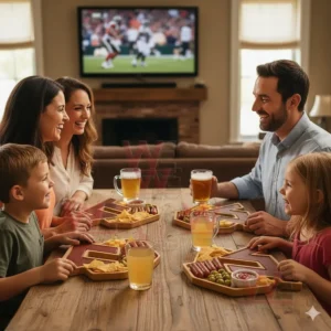 A family enjoys assorted snacks on emblem shaped trays while watching a sports game on a screen!