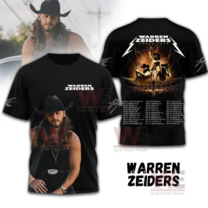 Black tshirt with front portrait graphic and a dramatic world tour back design with lightning artwork and tour dates!
