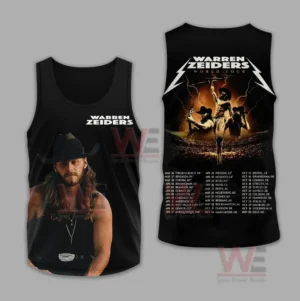 Black tank top with portrait front graphic and lightning themed world tour back design!