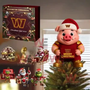 Washington Commanders Christmas ornament set with pig mascot tree topper and themed decorations.