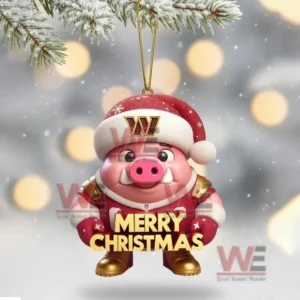 Washington Commanders pig mascot ornament with Santa hat and Merry Christmas sign.