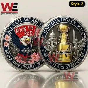 Two commemorative coins showing an eagle with banner and a trophy with landmark details marking fifty years!