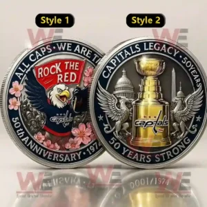A Washington Capitals 50th anniversary coin displaying an eagle and trophy design with intricate engravings and team insignia.