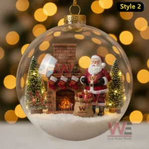 A boxed set of six Washington Commanders Christmas ornaments featuring festive scenes and team logos on decorative filler.