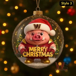 A Washington Commanders ornament showing a Grinch character in team colors holding a football inside a glass sphere.